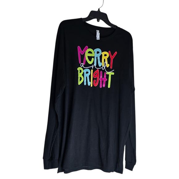 Women’s XL Bella Canvas Merry Bright Long Sleeve Graphic Christmas Tee Shirt - Picture 1 of 16